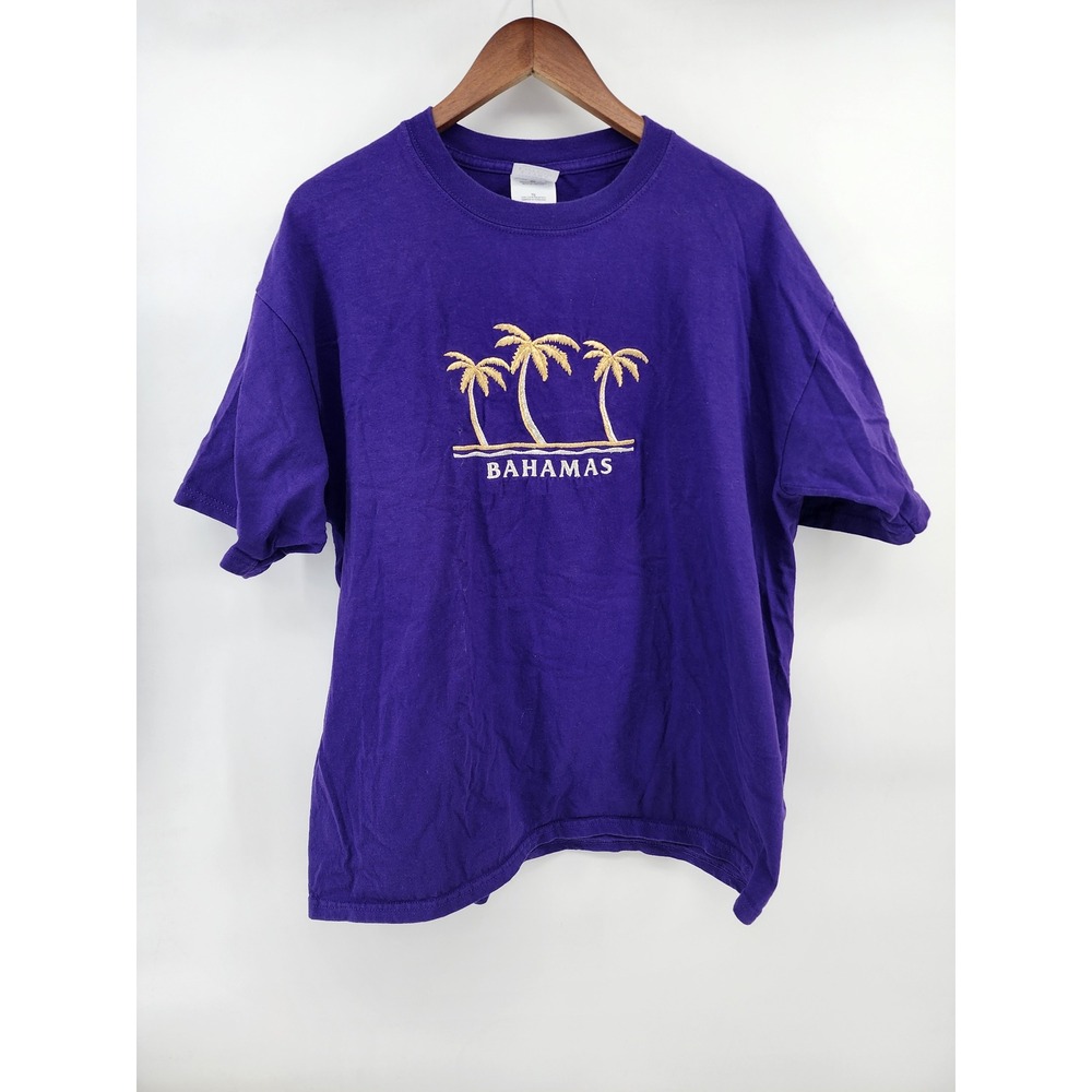 Gildan Ultra Cotton Bahamas Palm Tree‎ Embroidered T-Shirt Purple XL Souvenir